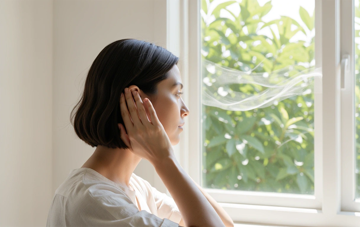 Person practicing mindful listening in a serene environment.